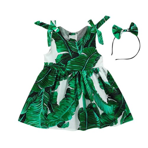 Kız Çocuk Yeşil Yapraklı Taçlı Elbise