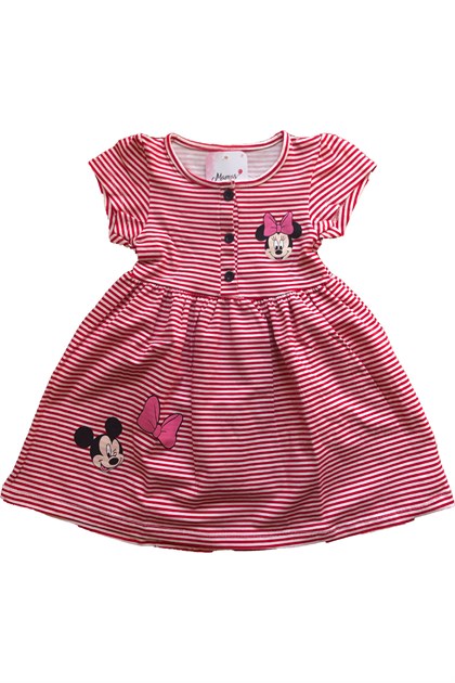 Kız Çocuk Kırmızı Minnie Mickey Mouse Çizgili Elbise