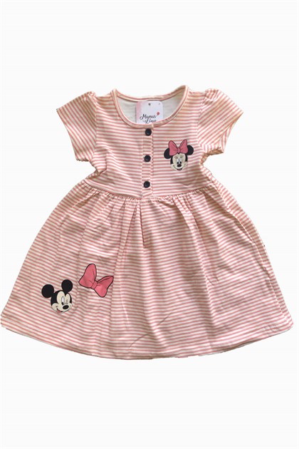 Kız Çocuk Somon Minnie Mickey Mouse Çizgili Elbise